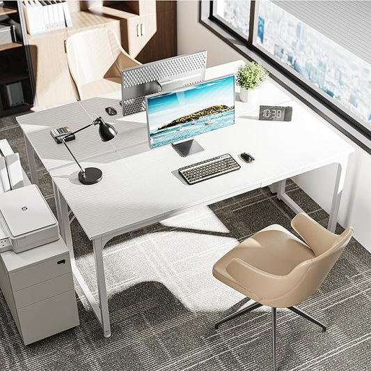 Huuger Computer Desk, 63 Inch Office Desk, Gaming Desk with Storage, Writing Desk Work Desk for Home Office, Study, Modern Simple Desk, Large Legroom, Metal Frame, White