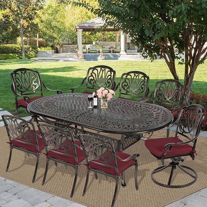 MEETWARM 9-Piece Outdoor Patio Dining Set, All-Weather Cast Aluminum Patio Conversation Set with 2 Swivel Rocker Chairs, 6 Stationary, 1 Oval Table, 8 Cushions, 2" Umbrella Hole, Chili Red