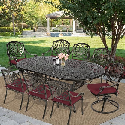 MEETWARM 9-Piece Outdoor Patio Dining Set, All-Weather Cast Aluminum Patio Conversation Set with 2 Swivel Rocker Chairs, 6 Stationary, 1 Oval Table, 8 Cushions, 2" Umbrella Hole, Chili Red