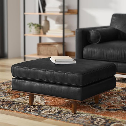 SIMPLIHOME Morrison 33 inch Wide Ottoman in Lead Black Genuine Leather, Multifunctional Footrest, Coffee Table, and Extra Seating for Living Room, Mid-Century Modern Style