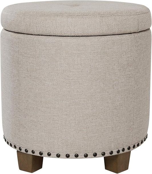 Homepop Home Decor | Upholstered Round Storage Ottoman with Nailheads| Ottoman with Storage for Living Room & Bedroom, Light Brown Fabric