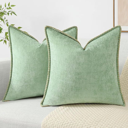 decorUhome Christmas Chenille Soft Throw Pillow Covers 20x20 Set of 2, Farmhouse Velvet Neutral Decorative Euro Pillow Covers with Stitched Edge for Couch Sofa Bed Home Decor, Sage Green