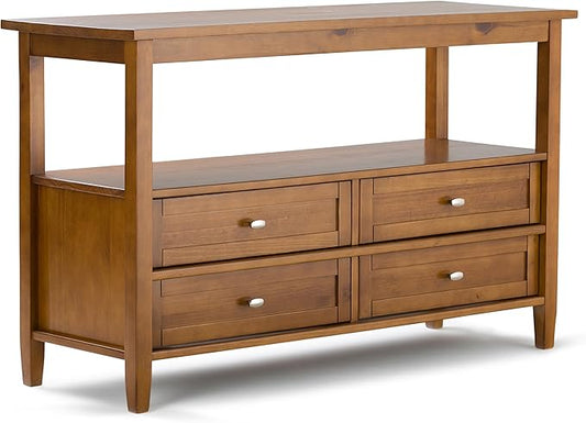SIMPLIHOME Warm Shaker Console Table - 48 Inch Wide Solid Wood Sofa Table in Light Golden Brown, Transitional Storage for Living Room with 4 Drawers, Open Shelf, and Brushed Nickel Knobs