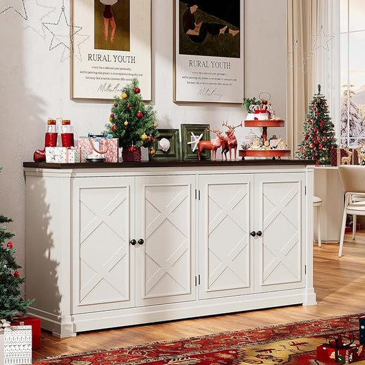 ONBRILL 63 Inches Buffet Cabinet with Storage, Large Sideboard Cabinet with 4 Barn Doors, Adjustable Shelves, Wood Coffee Bar Station for Kitchen, Living Room, Off White