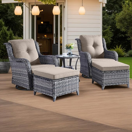 HUMMUH 5 Piece Outdoor Patio Furniture Set Wicker Conversation Bistro Set Swivel Rocking Chairs with Side Table and Ottomans for Backyard, Porch, Balcony