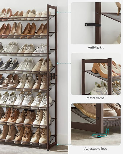SONGMICS Shoe Rack, 8-Tier Shoe Organizer, Metal Rack for Garage, Set of 2, 4-Tier Stackable Shelf, with Adjustable Flat or Angled Shelves, 32-40 Pairs, Bronze ULMR08A