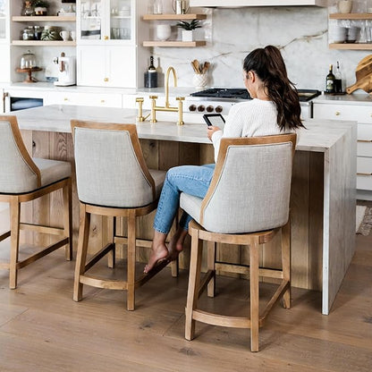 Maven Lane Vienna Counter Stools 26 Inches – Set of 2 – Swivel Stools with Footrests – Brown Solid Wood and Natural Fabric Upholstery – Ideal for Kitchen Islands and Counters