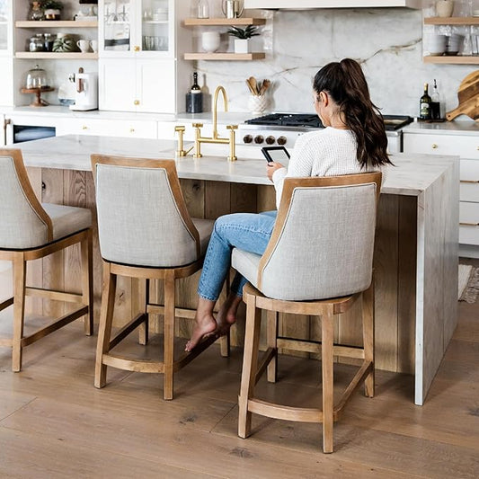 Maven Lane Vienna Counter Stools 26 Inches – Set of 3 – Swivel Stools with Footrests – Brown Solid Wood and Natural Fabric Upholstery – Ideal for Kitchen Islands and Counters