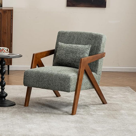 Mid-Century Modern Accent Chair with Solid Wood Frame，Upholstered Chenille Living Room Arm Chairs with Pillow for Bedroom, Living Room, Balcony, Reading Room, Green