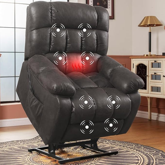 FLEXISPOT XL51 Dual OKIN Motor Power Lift Recliner Chair for Elderly, Lay Flat Electric Recliner with Massage & Heat, USB Ports, Faux Leather Reclining Sofa for Living Room Bedroom, Black