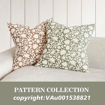 Foindtower Set of 2 Decorative Neutral Floral Throw Pillow Covers Accent Farmhouse Cushion Covers Boho Vintage Pillowcase for Couch Sofa Bedroom Living Room Home Decor,20×20 Inch,Sage Green