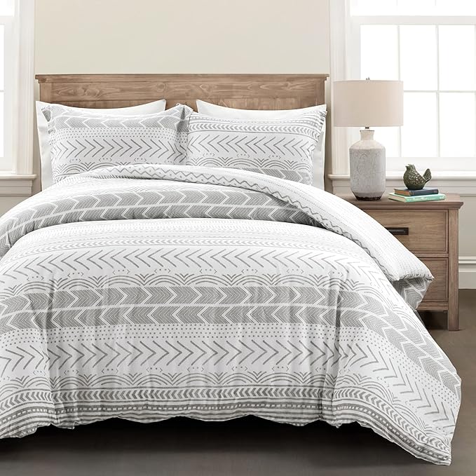 Lush Decor Hygge Geo Reversible 3 Piece Cotton Duvet Set, King, Gray & White