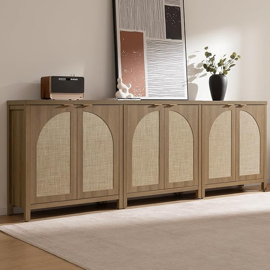 SICOTAS 102" W Rattan Sideboard Buffet Cabinet with Storage Set of 3, Mid Century Modern Credenza with Arch Doors & Shelves Farmhouse Coffee Bar Media Console Cabinets for Living Room, Entryway