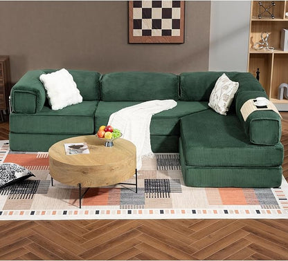 108" L Shaped Couch, Modular Sectional Sofa with Chaise, Cloud Boneless Couch with Deep Seat & Removable Pillow for Living Room, Bedroom,No Assembly Required（Dark Green）