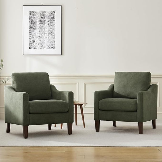 VKNOW Mid Century Modern Accent Chair, Upholstered Living Room Chairs Armchair for Bedroom, Comfy Reading Accent Chairs with Wood Legs for Living Room (2, Green)