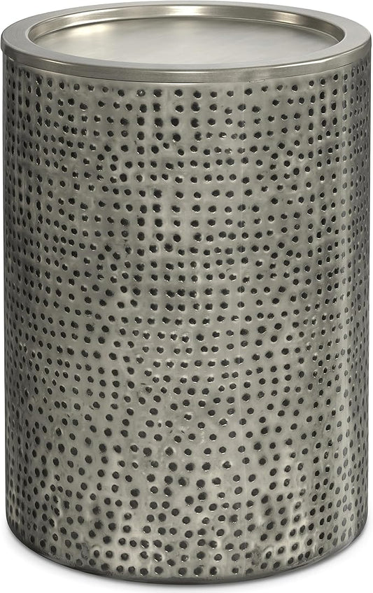 SIMPLIHOME Corbin 16 inch Wide Metal Side Table in Hammered Antique Silver, Round Drum Design End Table for Living Room, Family Room, or Entryway, Industrial Style, Assembled