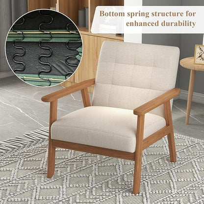 Westice Accent Chair 1PC, Mid-Century Modern Living Room Chairs with Solid Wood Frame & Soft Thicken Cushion, Upholstered Reading Arm Chair for Bedroom, Balcony, Beige Linen Fabric & Natural Legs
