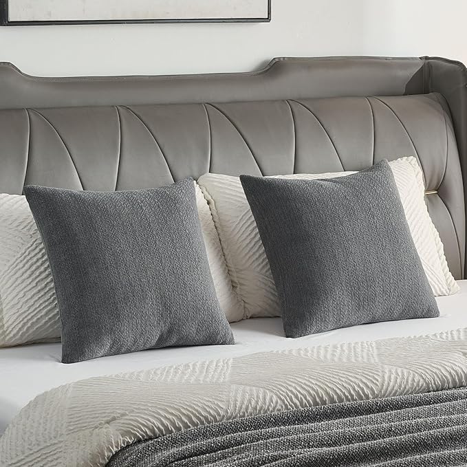 FUTEI Dark Grey Chenille Throw Pillow Covers 16x16 Inch Set of 2,Soft Striped & Diamond Textured Cushion Cases,Modern Home Decor for Couch Living Room