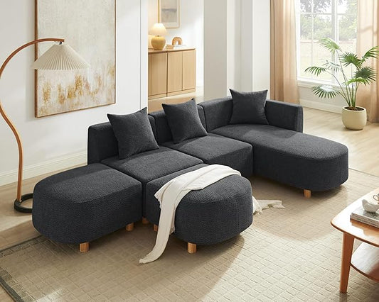 VANOMi 109.84" Modular Sectional Sofa with 3 Pillows, Convertible 5-Seater Comfy Boucle Cloud Couch with Ottoman, Modern Sectional Sofas for Living Room, Office, Apartment (Dark Gray)