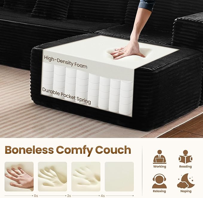 Cloud Sectional Couch with Chaise, Boneless U-Shaped Cloud Couch with Deep Seat, Soft Plush Modern Minimalist Sofa, Assembly Free Modular Floor Sofa for Office Living Room Apartment, Black