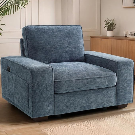 TEKAMON 45" Accent Chair with Seat Storage, Oversized Single Sofa Chair, Modern Chenille Fabric Armchair for Living Room/Office with Wide Armrests, Side Pockets, USB Charging Washable Covers(Blue)