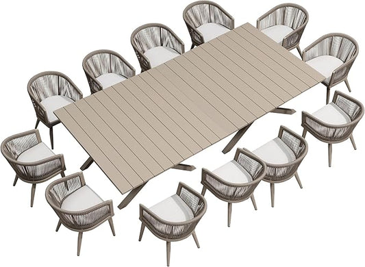 PURPLE LEAF Outdoor Dining Set for 12 All-Weather 14 Pieces Patio Aluminium Dining Large Table and Rope Weave Chairs Included Cushions for Deck Indoor Decor Kitchen Patio Furniture Set Champagne