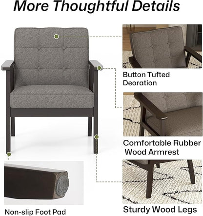 Modern Accent Chair with Arm Rest Set of 2, Upholstered Linen Fabric Leisure Chair Comfy Side Chair with Backrest Button and Wooden Frame for Living Room Bedroom Reading(Gray)