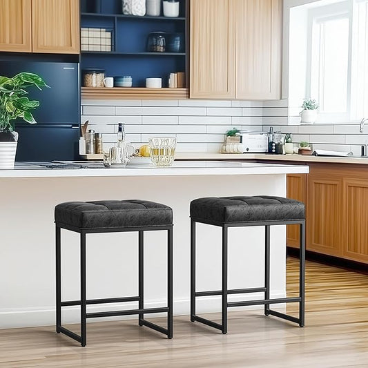 Yaheetech Bar Stools Set of 2, 24 Inch Counter Height Bar Stools Set, Backless Kitchen Island Stools, Faux Leather Stools for Kitchen Counter, Black