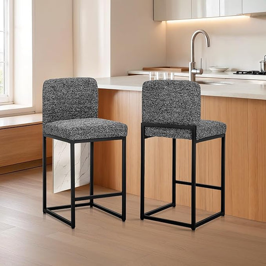 ALPHA HOME 24" Bar Stools Set of 2 Kitchen Counter Stools with Back, Counter Height Stools with Upholstered Footrest for Kitchen Island, Metal Steel Frame, Chenille, Black
