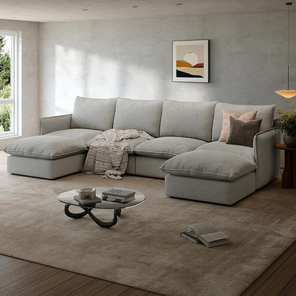 Waterproof Cloud Sectional Couches for Living Room,High Backrest Down Filled Couch,6 Seater Oversized Modular U-Shaped Sofas with Chaise,Detachable Sofa Covers,Light Grey