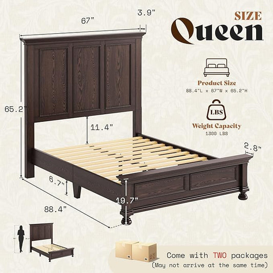 AMERLIFE Solid Wood Queen Bed Frame with 65.2" High Headboard, Traditional Platform Bed with Heavy Duty Slats, No Box Spring Needed, Easy Assembly, Dark Brown