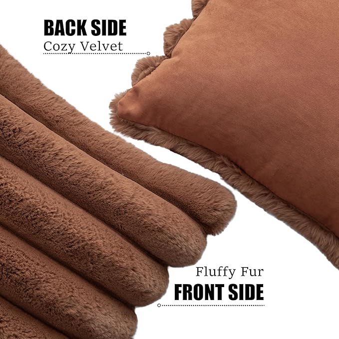 Neelvin Brown Faux Fur Cozy Soft Stripe Decorative Throw Pillow Covers 26x26 inch Set of 2,Velvet Pillowcase Cushion Case for Sofa Couch