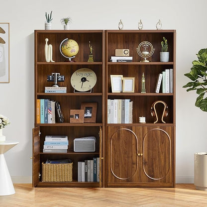 70.8" Tall Fluted Bookshelf with Storage Cabinet, Modern 5-Tier Wood Bookcase with Open Display Storage Shelf, Gold Handles for Office Living Room (Walnut)