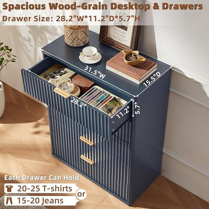 LEYAOYAO Fluted 5 Drawers Dresser for Bedroom Set of 2, 41" Tall Modern Chest of Drawers with Metal Handle, Curved Profile Design,Blue Wood Drawer Organizer for Bedroom, Living Room, Hallway