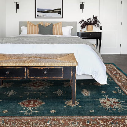 RUGGABLE Washable Vintage Area Rug – Verena Teal Blue 9x12, Stain-Resistant, Non-Slip – Large Machine Washable Rugs for Living Room, Bedroom, Hallway, Entryway & Office–with Cushioned Pad