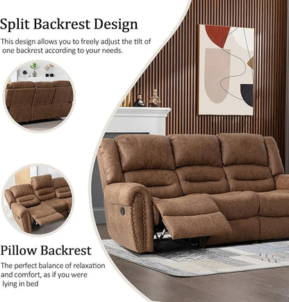 CANMOV Manual Reclining Sofa Set, Faux Leather Manual Recliner Sofa and Recliner Chair with Overstuffed Armrest for Living Room,Bedroom Furniture,Office,Nut Brown