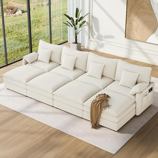 Vesgantti 142" Oversized Sectional Sofa Bed, 8-Seater Modular Sleeper Cloud Couch with Movable Ottoman, Chenille Convertible Sofa Set Deep Seat Couches for Living Room, Bedroom and Apartment, White