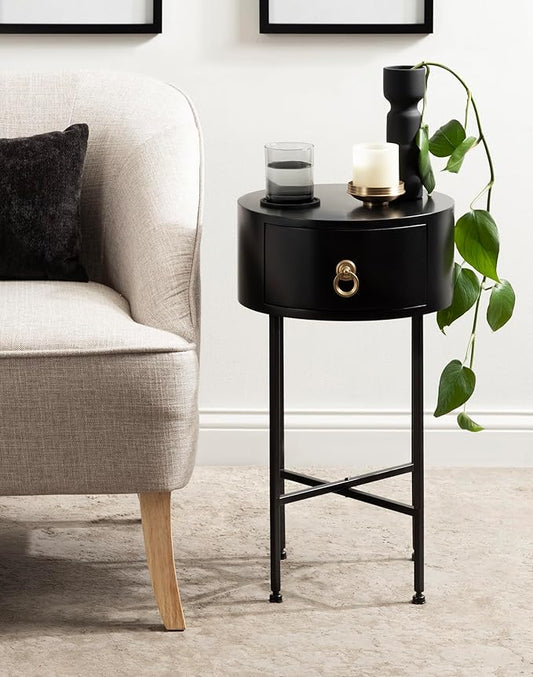 Kate and Laurel Decklyn Decorative Glam Round Side Table, 14 x 14 x 24, Black and Gold, Modern Circle Living Room Table with Pull Drawer for Useful Storage