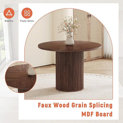 Round Dining Table Set for 6 with Storage, 42" Round Dining Table with 6 Suede Chairs, 7 Piece Kitchen Table Chairs Set of 6 with Thick Wood Top, Roman Column Pedestal, Space-Saving