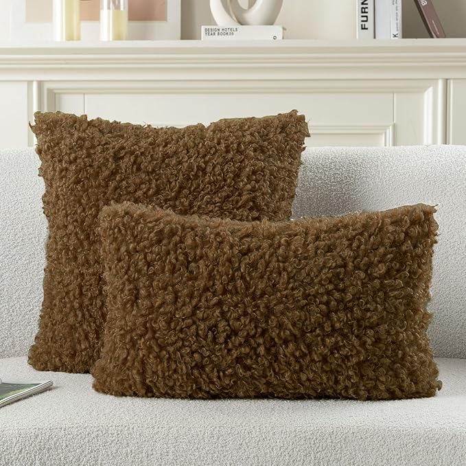 FUTEI Brown Decorative Throw Pillow Covers 24x24 Inch Set of 2,Soft Fluffy Faux Wool Fur Boucle Textured European Cushion Case,Modern Home Decor for Couch Bed Living Room Office