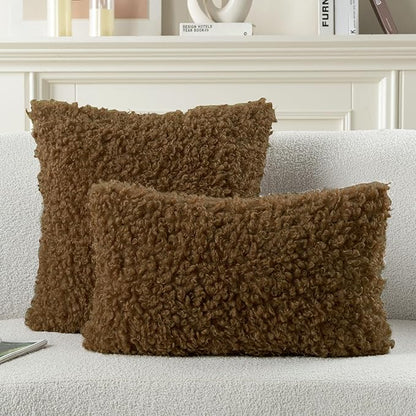 FUTEI Brown Decorative Throw Pillow Covers 18x18 Inch Set of 2,Soft Fluffy Faux Wool Fur Boucle Textured Cushion Case,Modern Home Decor for Couch Bed Living Room Office