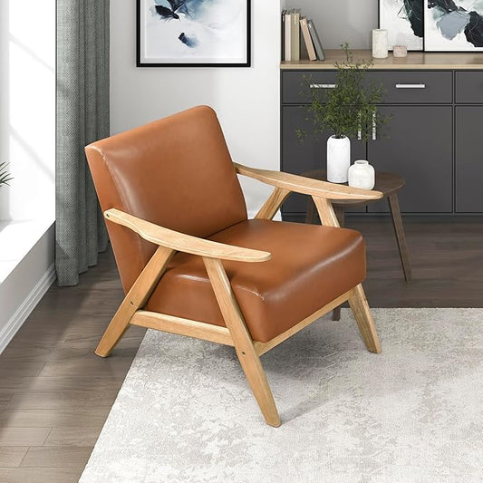 Lexicon Mid Century Modern Accent Chair with Solid Wood Frame in Natural Finish, Faux Leather Living Room Lounge Arm Chair, Thick and Comfy Innerspring Seat Cushion, Brown
