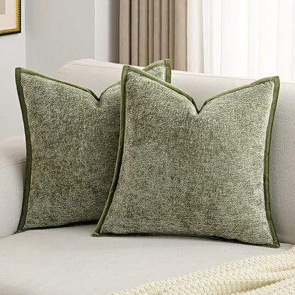 FUTEI Sage Green Chenille Throw Pillow Covers 22x22 Inch Set of 2,Soft Cozy Bound Edge Design Cushion Case,Home Decor for Couch Bed Living Room