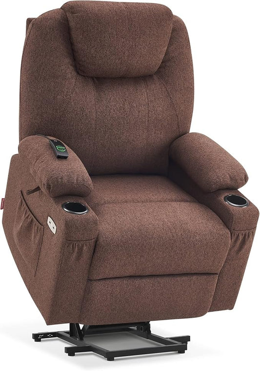 MCombo Power Lift Recliner Chair for Elderly, Lift Chair with Heat and Massage for Tall People, USB&Type C Ports, Extended Footrest, Cup Holders, Fabric 7516 (Large, Coffee)