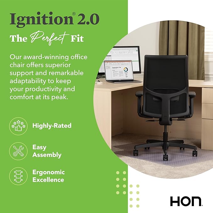 HON Ignition 2.0 Mid Back Task Chair, Standard Synchro-Tilt Control, Office Chair with Lumbar Support, Height and Width Adjustable Arms, Black Frame, Black
