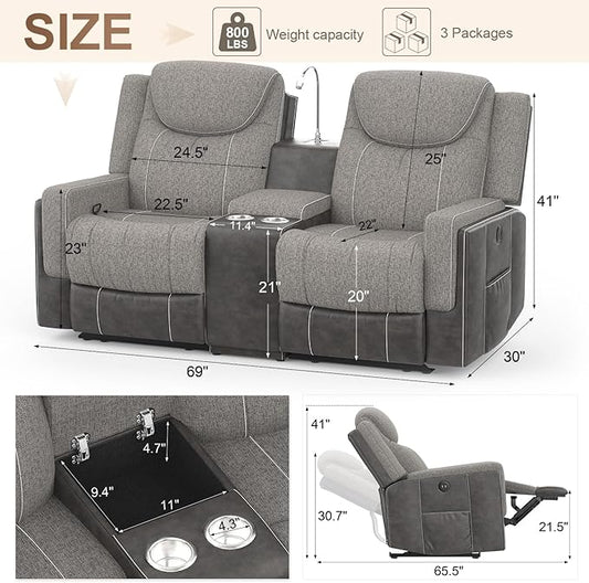 Loveseat Recliner Sofa, Manual Double Recliner with Storage Console, Cup Holder, USB Port & Reading Light, Grey Linen & PU Leather Manual Reclining Couch for Living Room, RV/Theater Seating