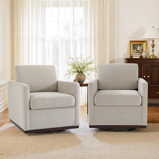 UIXE Swivel Accent Chairs Set of 2, Chenille Upholstered Armchair Comfy Club Chair for Living Room, Mid Century Modern Arm Chair Single Sofa Nook Bedroom Side Reading Seat - Beige