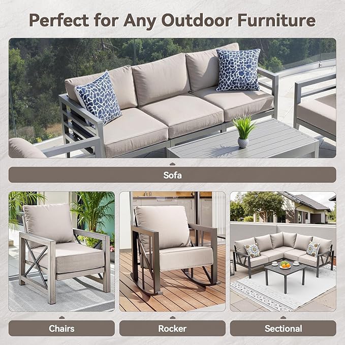 Luxury 6" Outdoor Cushions for Patio Furniture, 24x24x6" Thick Seat Cushion Set of 6, Fade Resistant Couch Chair Replacement Cushions High Density Deep Wicker Chair Cushion w/ Removable Cover, Beige