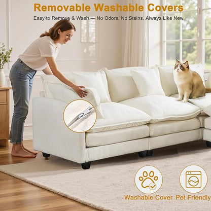 111.4" L-Shaped Cloud Chenille Sectional with Reversible Chaise, Flexible 3+1 Layout for Large Spaces, Deep Seat and Free Pillows Included