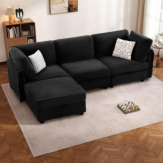KKL Modular Sectional Sofa L-Shaped 4 Seater Couch with Storage Ottoman, Plush Wide-Wale Corduroy Couch for Living Room, Apartment, Modern Design, Black